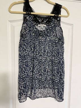 Quintessential Navy and White Printed Lace-Yoke Sleeveless Blouse